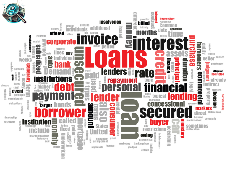 Word cloud featuring financial and loan-related terms like 'Loans,' 'Interest,' and 'Debt