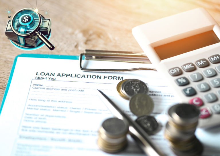 Loan application form with a calculator, coins, and a pen on a wooden desk, representing the loan application and financial planning process.