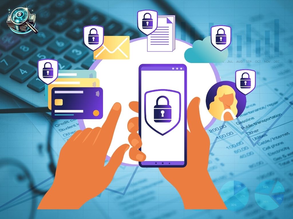 Hands using a smartphone with a security lock icon, surrounded by secured digital finance icons, symbolizing online security and financial data protection.
