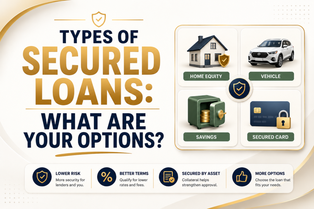 Infographic titled “Types of Secured Loans. What Are Your Options?” showing home equity, vehicle, savings, and secured card loan options, with bottom points about lender risk, loan terms, collateral, and available choices.