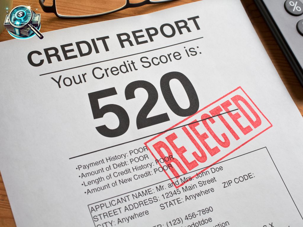 A credit report displaying a low credit score of 520 with a large red "REJECTED" stamp, emphasizing the impact of poor credit on loan approvals.