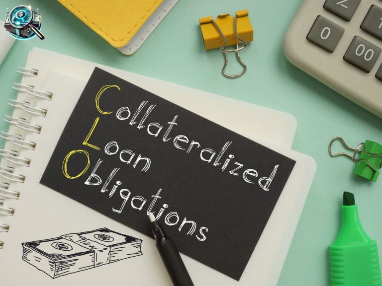 A black notecard with "Collateralized Loan Obligations" written on it, surrounded by office supplies, a calculator, and a cash drawing.