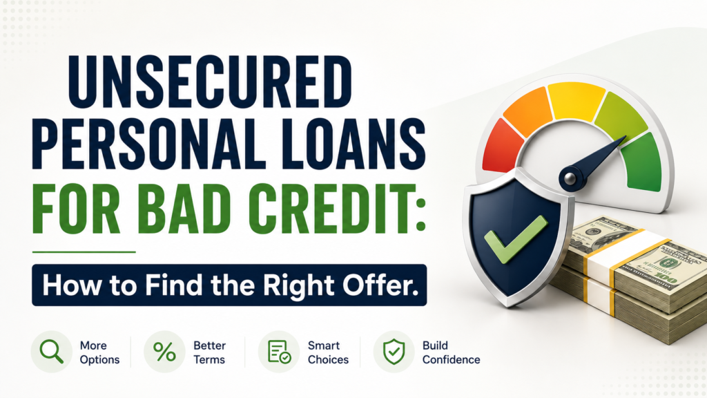 Hero image titled “Unsecured Personal Loans for Bad Credit. How to Find the Right Offer” showing a credit score gauge, shield checkmark, cash stack, and key points for more options, better terms, smart choices, and confidence.