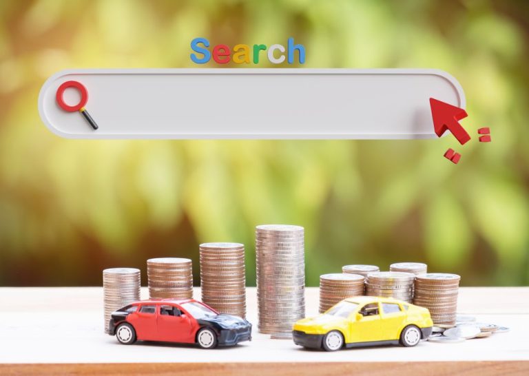 Toy cars and stacked coins with a search bar, representing car loan financing and vehicle purchase decisions.