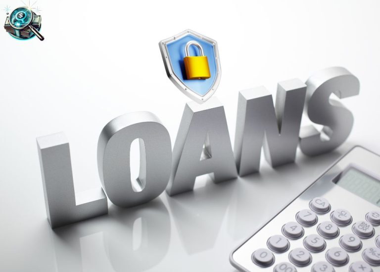 “3D ‘LOANS’ text with a lock and shield icon above, signifying secured loans, next to a calculator for financial calculations.”