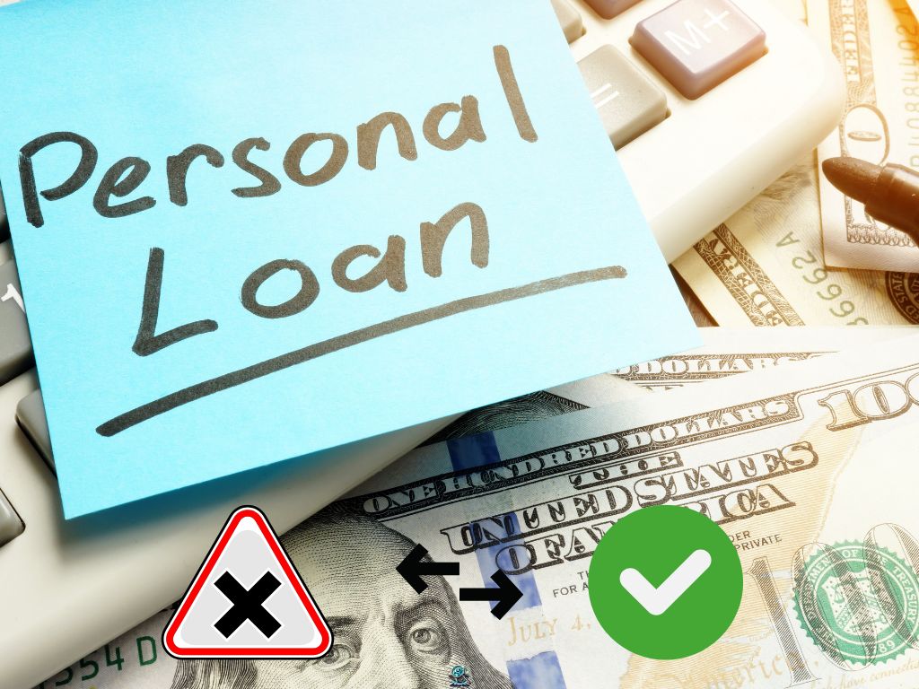 Blue sticky note reading “Personal Loan” on a calculator and US bills, with a red warning triangle X icon and arrow pointing to a green checkmark.