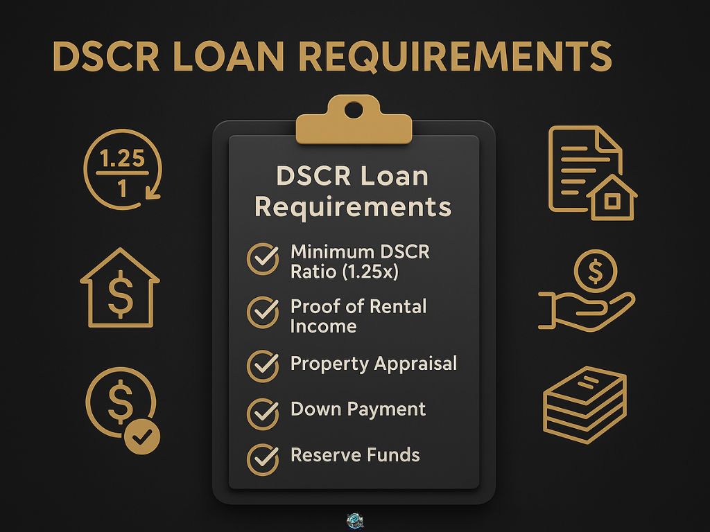 Infographic showing DSCR loan requirements including 1.25x minimum DSCR ratio, proof of rental income, property appraisal, down payment, and reserve funds.