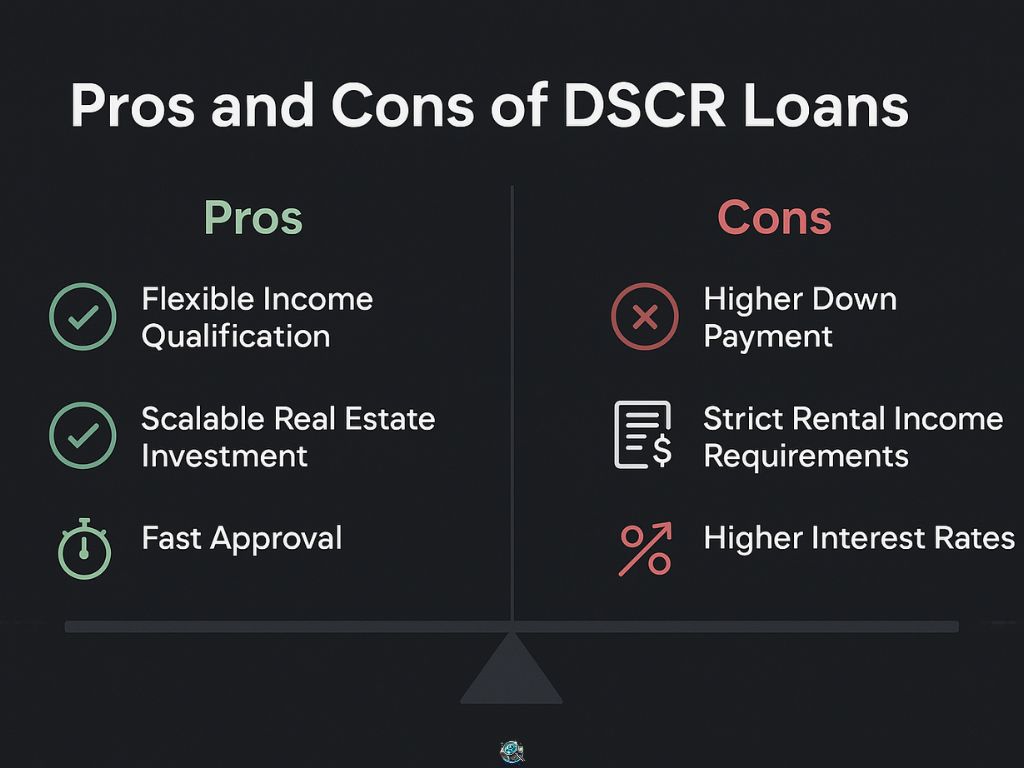 Infographic listing pros and cons of DSCR loans: pros are flexible income qualification, scalable real estate investment, and fast approval; cons are higher down payment, strict rental income requirements, and higher interest rates.