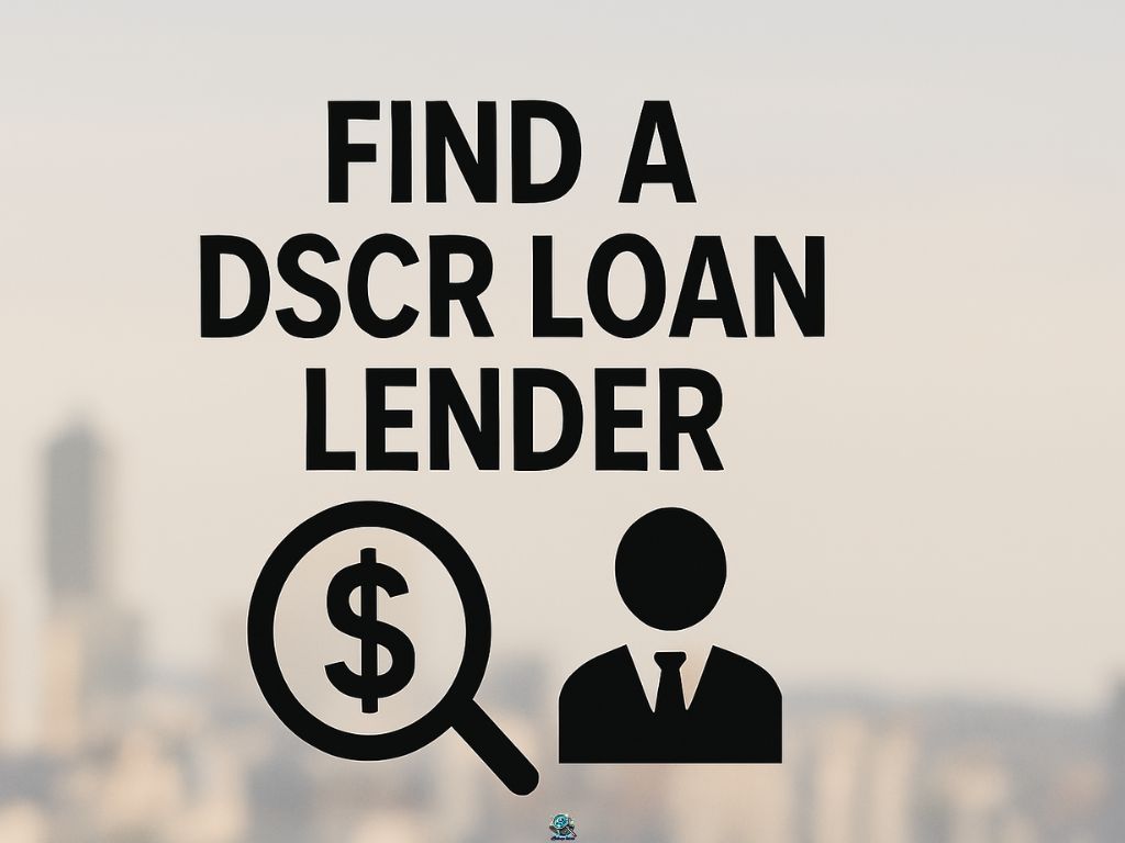 Minimalist graphic showing "Find a DSCR Loan Lender" text with icons of a dollar sign in a magnifying glass and a businessperson over a blurred city skyline background.