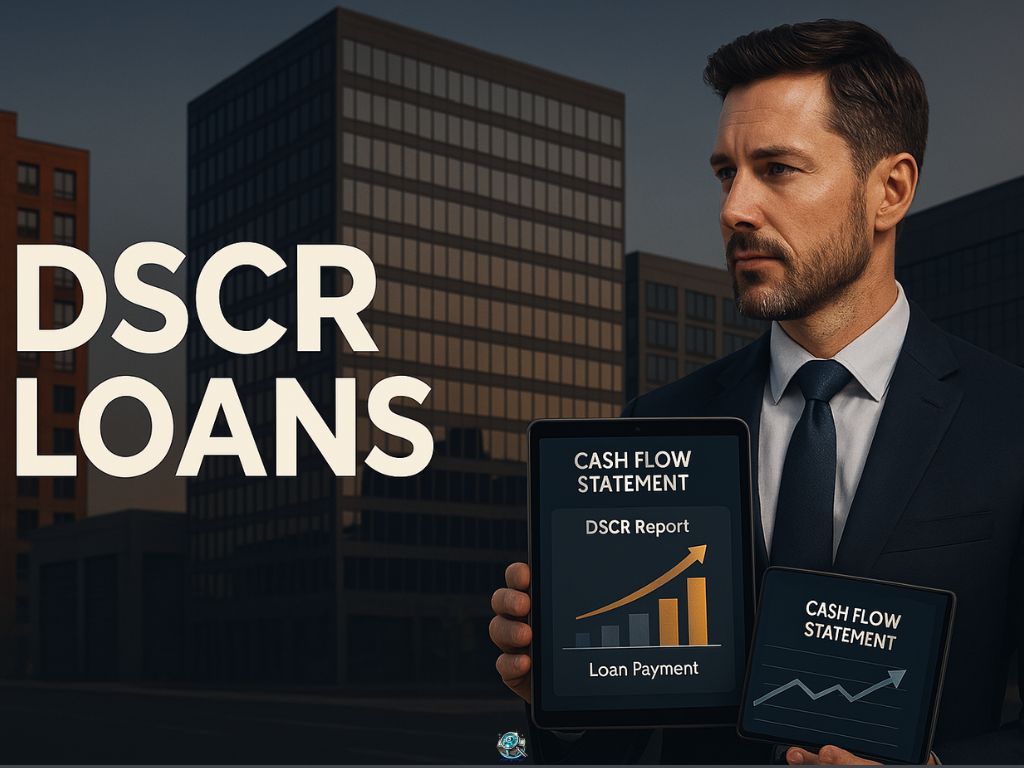 Businessman holding two tablets showing DSCR loan and cash flow statement charts, highlighting property-based lending qualifications for DSCR loans against a backdrop of office buildings.