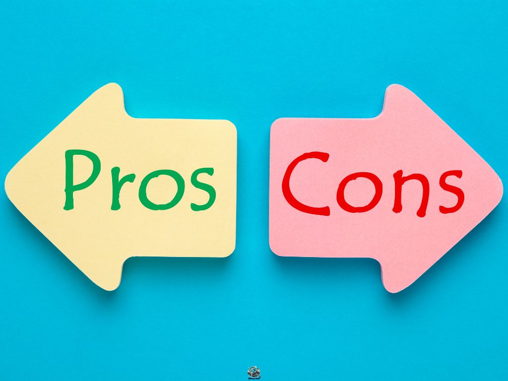 Yellow arrow labeled “Pros” and pink arrow labeled “Cons” on a blue background, representing a comparison or evaluation.