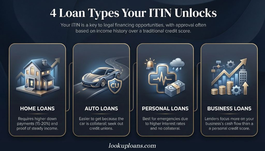 Visual guide showing ITIN loan options: home loans, auto loans, personal loans, and business loans, with icons and short descriptions for each.