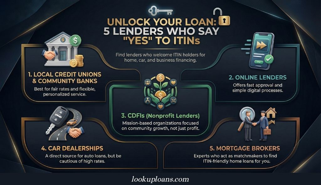 Infographic showing 5 ITIN-friendly lenders: local banks, online lenders, CDFIs, car dealerships, and mortgage brokers, with icons and short details for each.
