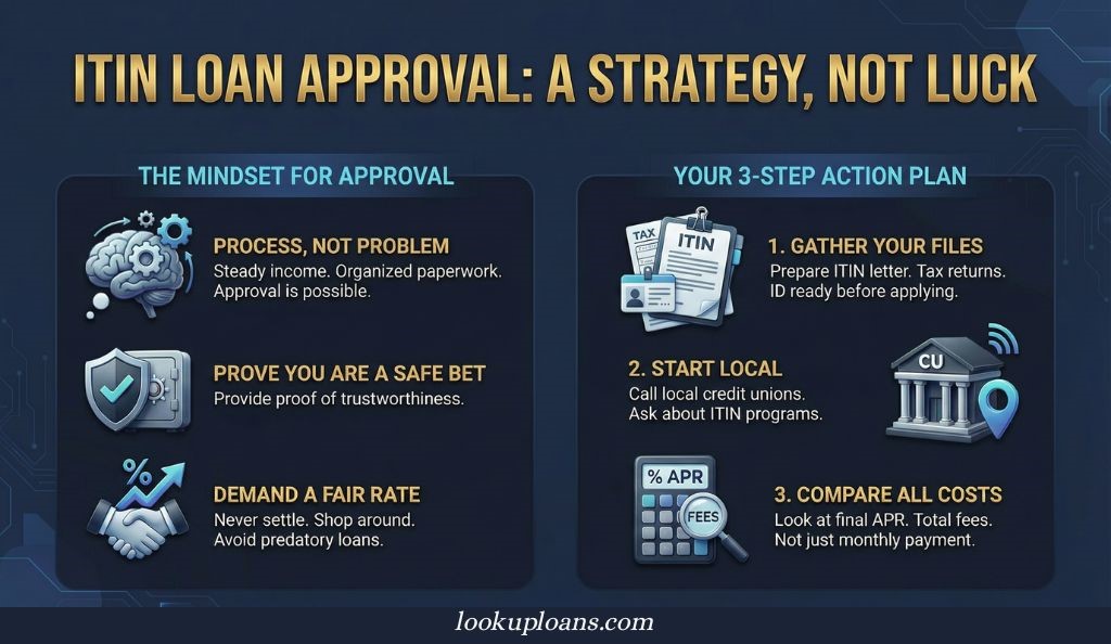 Infographic showing ITIN loan approval tips: mindset shifts and a 3-step plan gather documents, contact credit unions, and compare total loan costs.