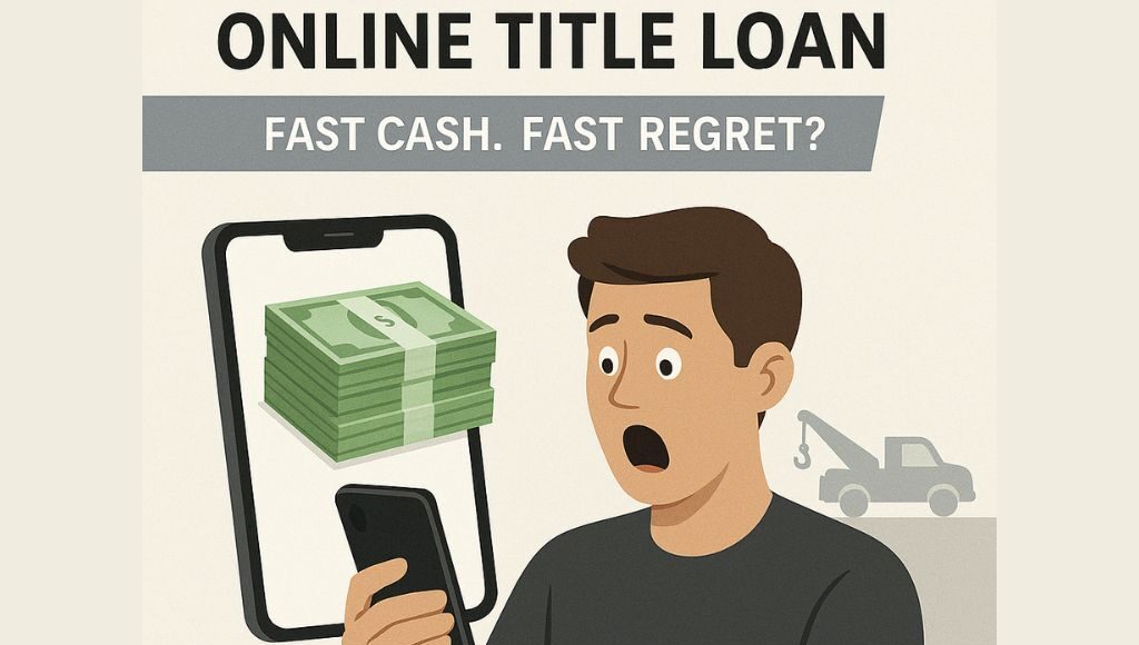 Worried man staring at a phone showing cash, with a tow truck behind him, symbolizing the potential downsides of online title loans.