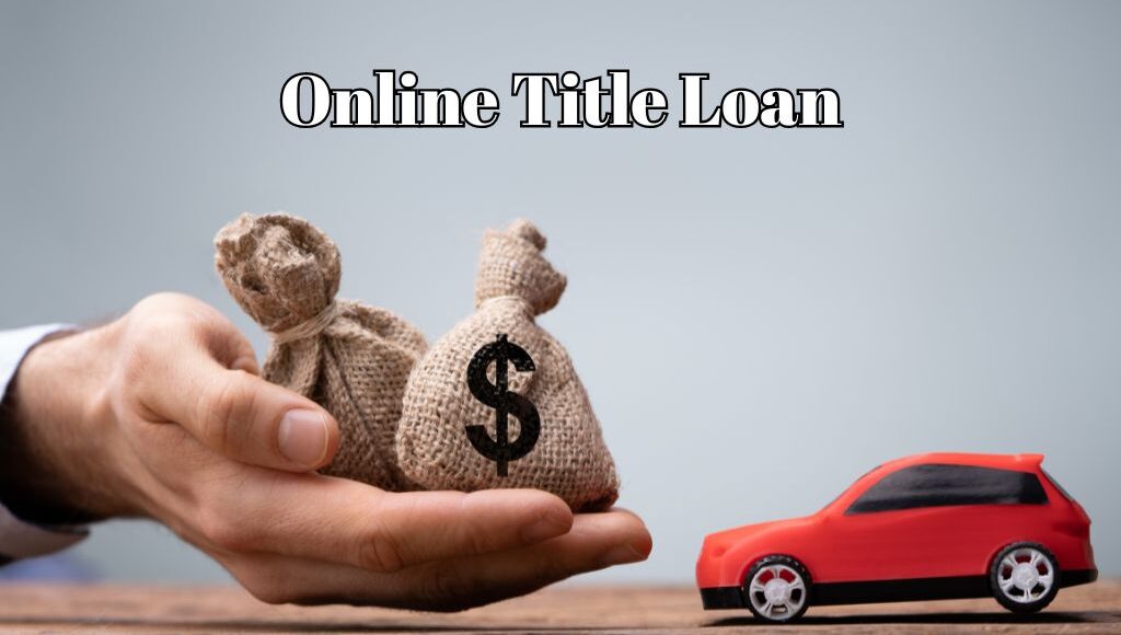 A hand holding burlap money bags beside a red toy car on a wooden table, representing an online car title loan transaction.