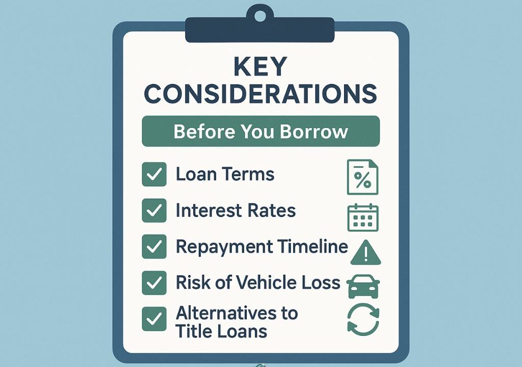 Checklist graphic on a clipboard showing five key considerations before taking a title loan: loan terms, interest rates, repayment timeline, risk of vehicle loss, and alternatives to title loans.