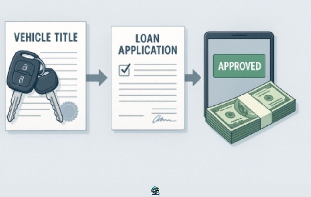 Illustration showing the vehicle title loan process: a car title and keys, a completed loan application, and an approved loan with cash payout.