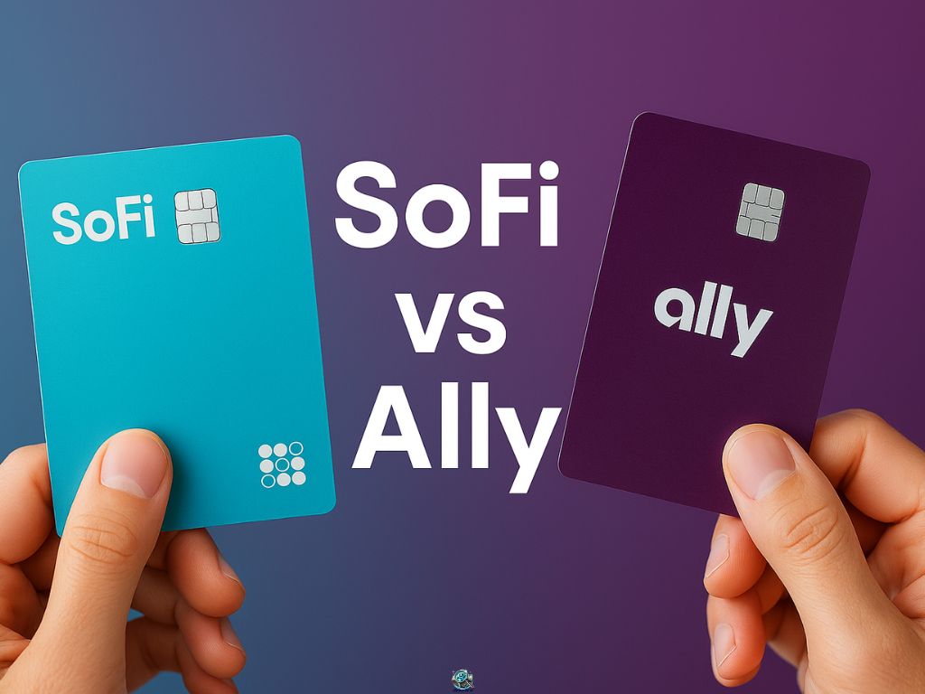 Hands holding a teal SoFi debit card on the left and a purple Ally debit card on the right, with “SoFi vs Ally” text in the center.