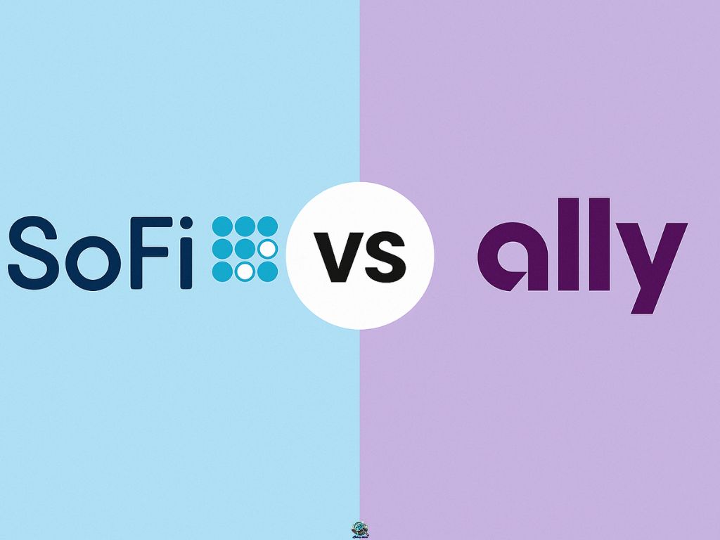 ALT Text: Split‐screen graphic showing the SoFi logo on a sky-blue background and the Ally logo on lavender, with a white “VS” circle in the center.