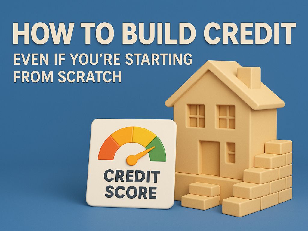 “How to build credit from scratch illustration with credit score meter and house icon.”