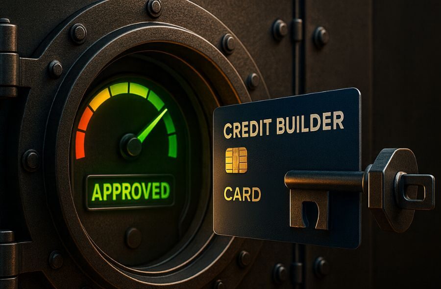 Illustration of a Credit Builder card unlocking a vault door, revealing an “Approved” credit score gauge glowing green.