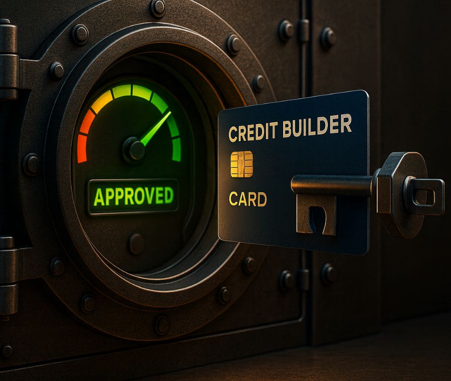 Illustration of a Credit Builder card unlocking a vault door, revealing an “Approved” credit score gauge glowing green.