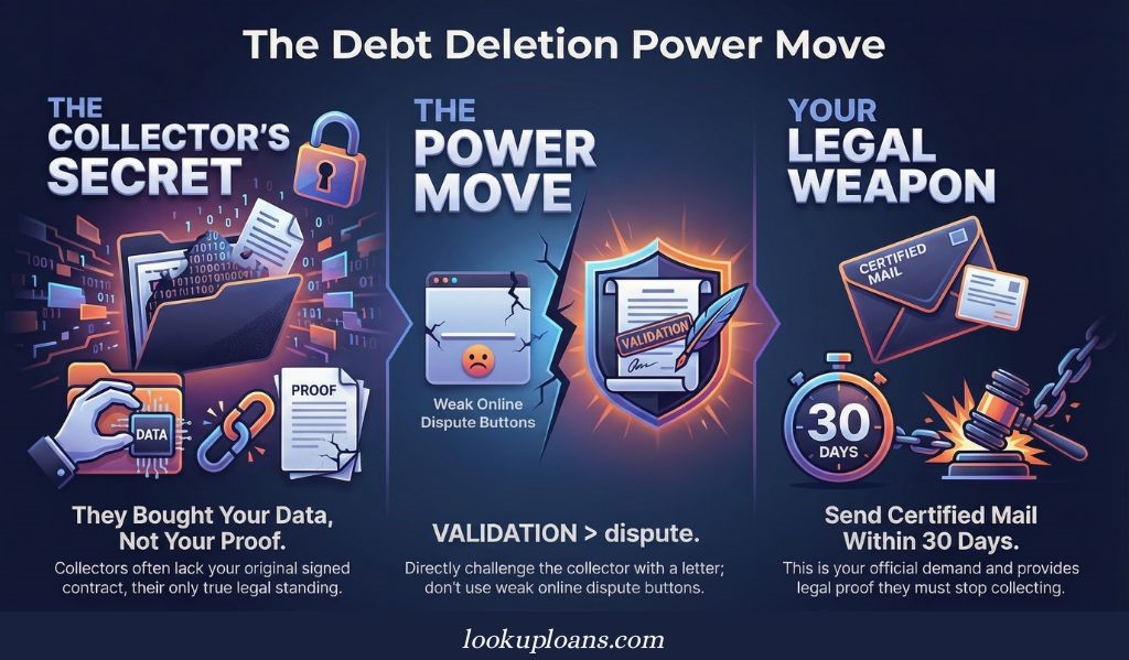 Infographic showing debt validation steps: collectors lack proof, validation beats online dispute, and certified mail must be sent within 30 days.