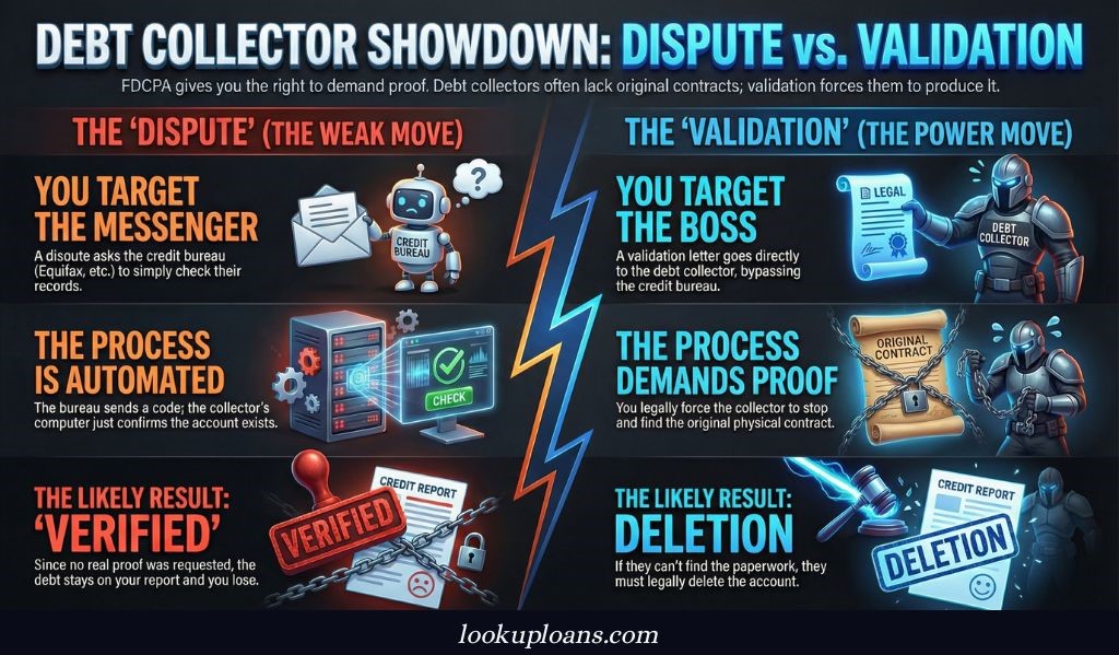 Side-by-side comparison of disputing vs validating debt: dispute contacts bureau, validation targets collector; result is ‘verified’ vs. ‘deleted.’