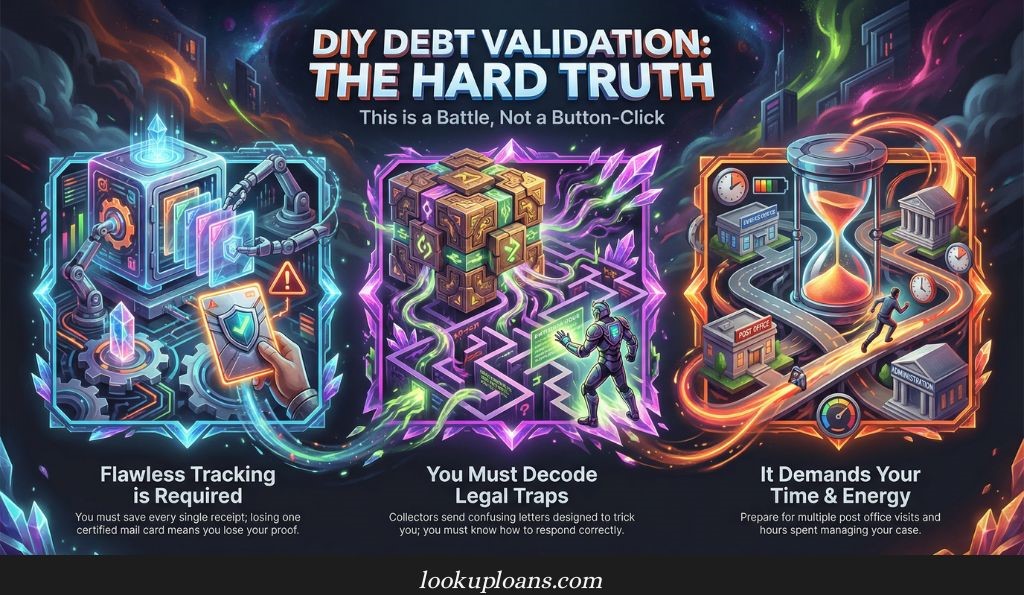 Visual breakdown of DIY debt validation: tracking receipts, avoiding legal traps, and spending time navigating post offices and paperwork.