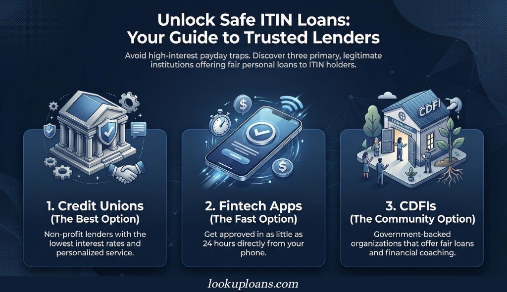 Visual guide comparing ITIN-friendly lenders: credit unions, fintech apps, and CDFIs offering fair personal loans to non-citizens.