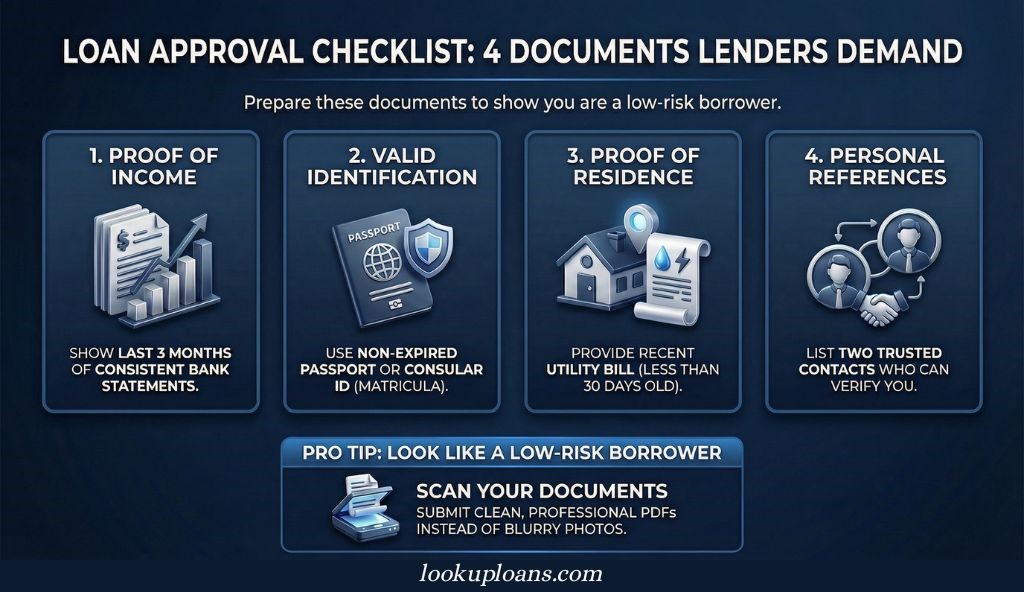 Checklist of 4 required documents for ITIN loan approval: income proof, ID, utility bill, and personal references.