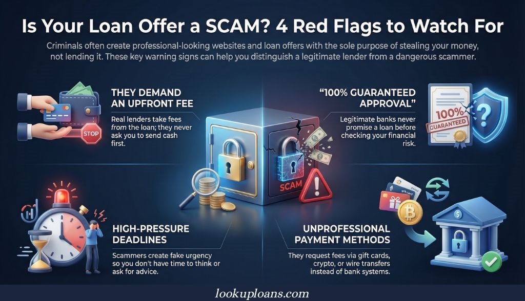 Infographic showing 4 loan scam warning signs: upfront fees, guaranteed approval, urgent deadlines, and payment via gift cards or crypto.