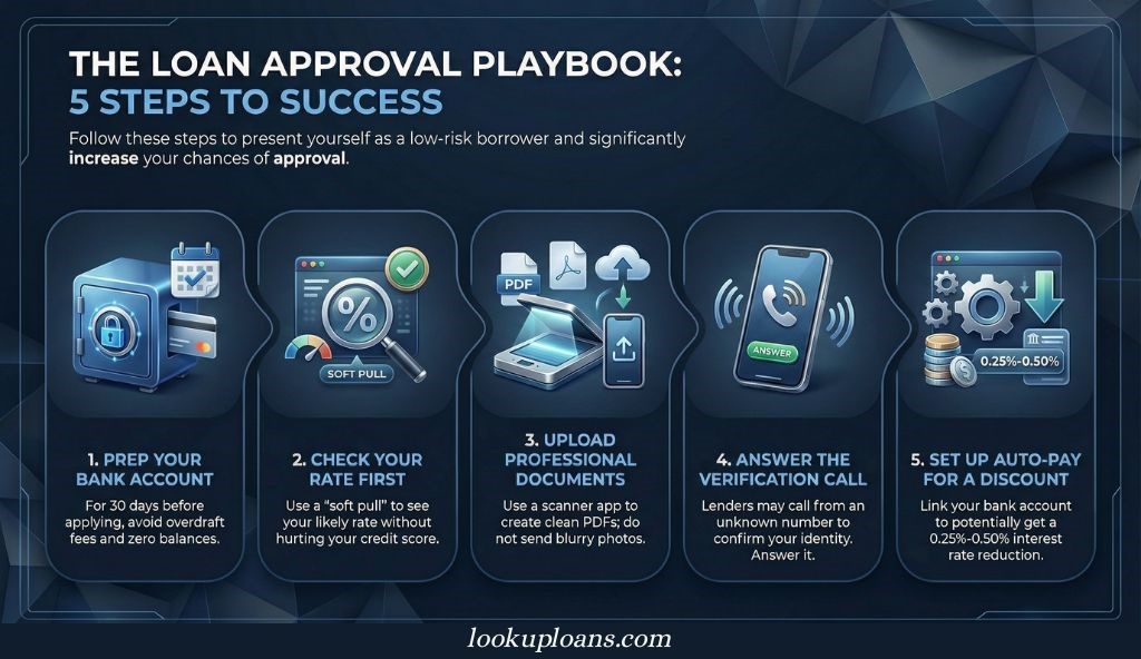Infographic showing 5 steps to loan approval: prep bank account, check soft pull rate, upload PDFs, answer phone call, and enable auto-pay.