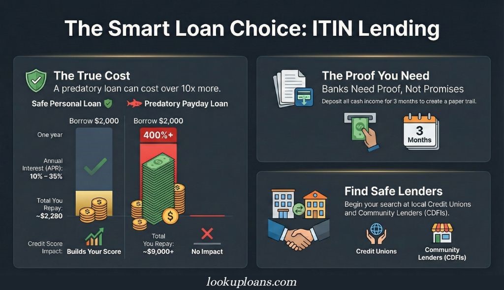 Comparison chart showing true cost of safe vs payday loans, ITIN lending tips, and trusted lender options like credit unions and CDFIs.