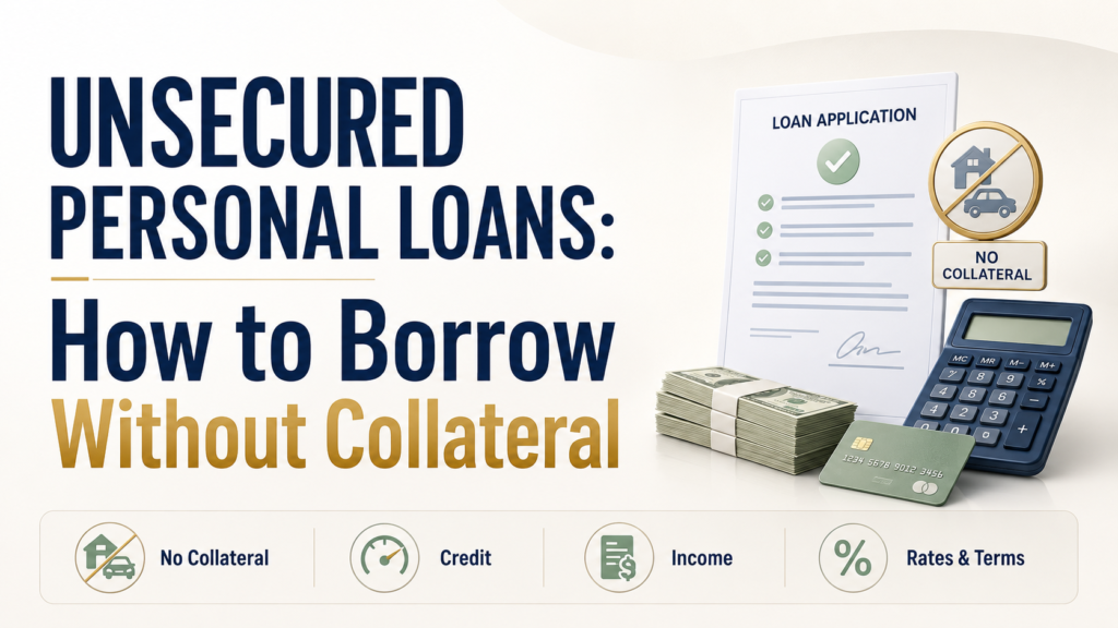 Hero image titled “Unsecured Personal Loans. How to Borrow Without Collateral” showing a loan application, cash, calculator, credit card, and no-collateral icon, with key points for credit, income, rates, and terms.