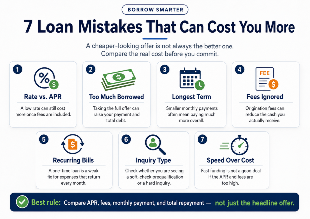 Infographic titled “7 Loan Mistakes That Can Cost You More” showing seven borrowing mistakes, including rate versus APR, borrowing too much, longest terms, ignored fees, recurring bills, inquiry type, and speed over cost, with a best rule to compare APR, fees, monthly payment, and total repayment.