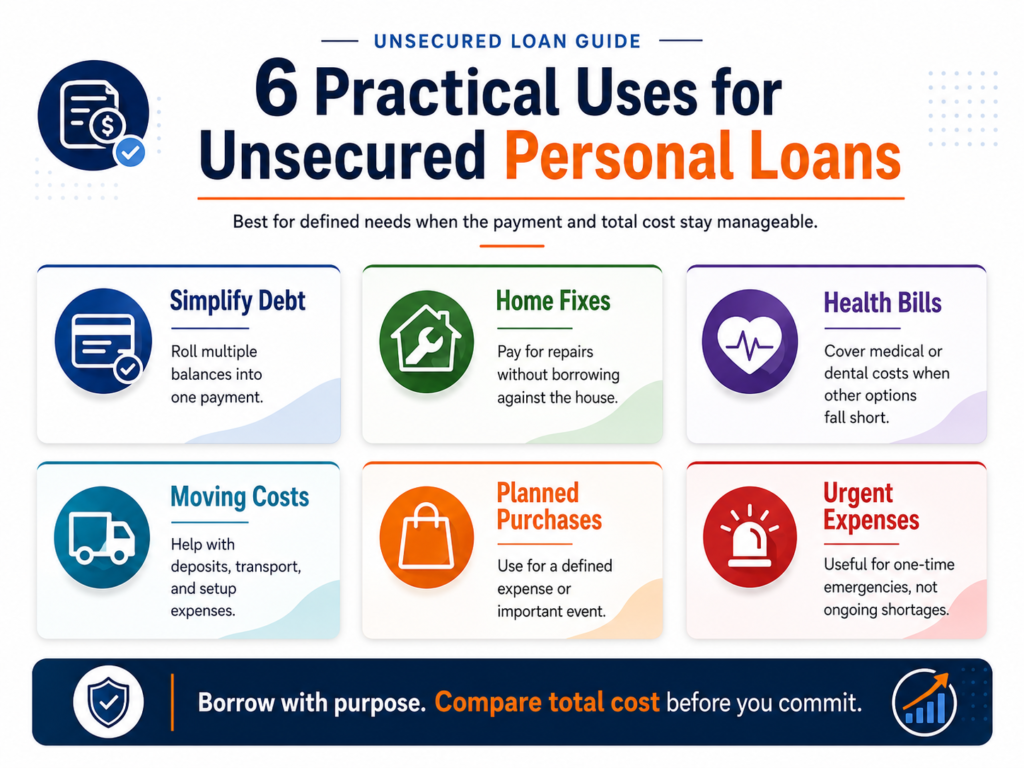 Infographic titled “6 Practical Uses for Unsecured Personal Loans” showing six use cases. Simplify debt, home fixes, health bills, moving costs, planned purchases, and urgent expenses, with a reminder to borrow with purpose and compare total cost.