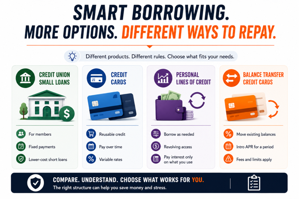 Infographic titled “Smart Borrowing. More Options. Different Ways to Repay” showing credit union small loans, credit cards, personal lines of credit, and balance transfer credit cards, with key points about repayment structure, revolving credit, interest, fees, and choosing what fits your needs.