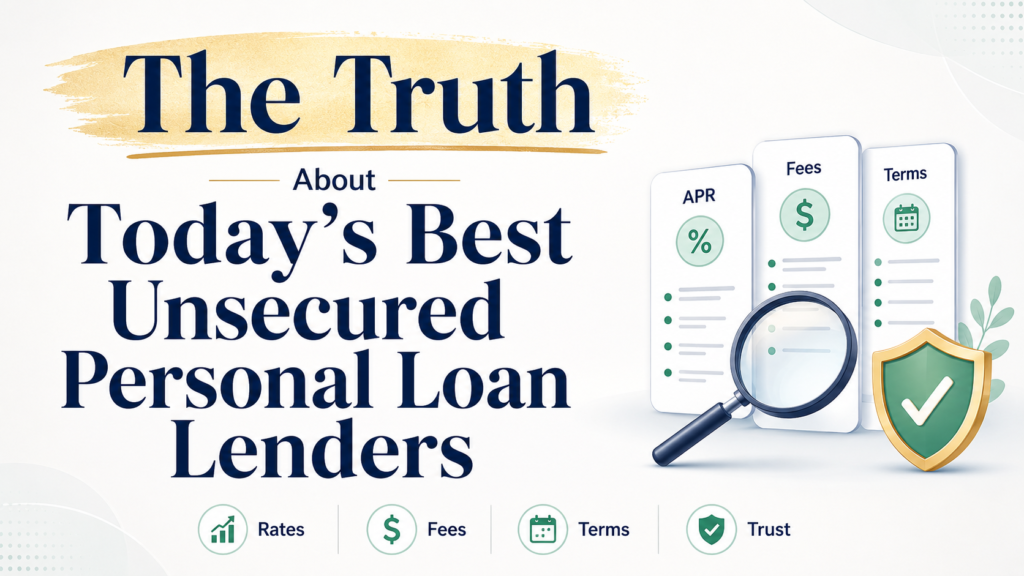 Hero image titled “The Truth About Today’s Best Unsecured Personal Loan Lenders” showing APR, fees, and terms cards with a magnifying glass and shield, plus key comparison points for rates, fees, terms, and trust.